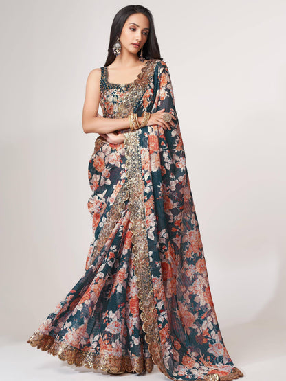 Tulsi Art Fascinating Dove Blue Floral Printed Organza Events Wear Saree With Blouse