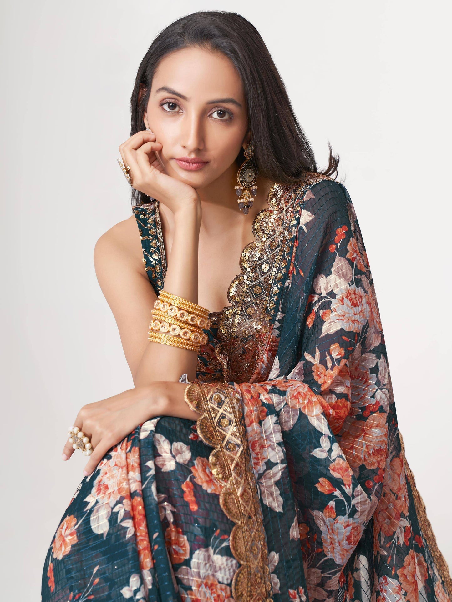 Tulsi Art Fascinating Dove Blue Floral Printed Organza Events Wear Saree With Blouse