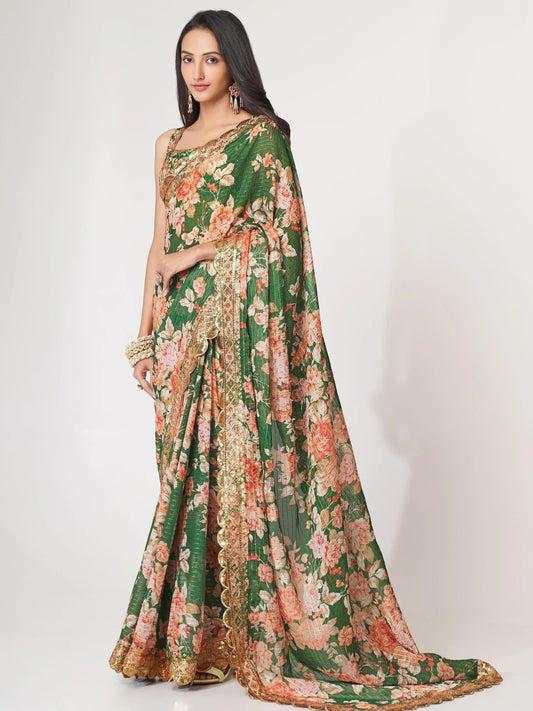 Tulsi Art Mesmerizing Green Floral Printed Organza Festive Wear Saree