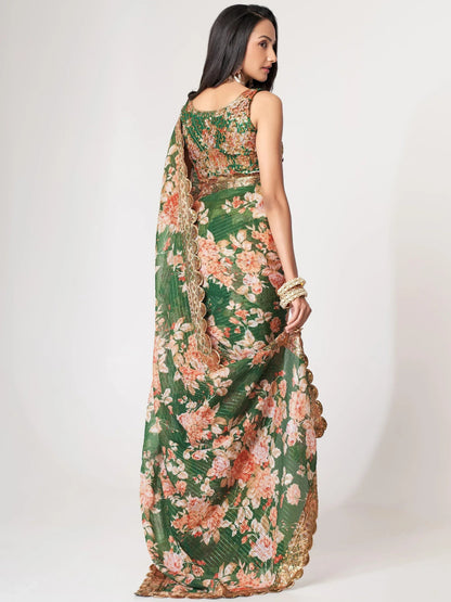 Tulsi Art Mesmerizing Green Floral Printed Organza Festive Wear Saree