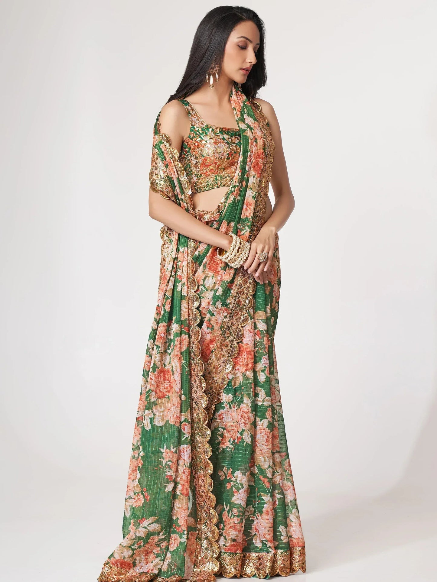 Tulsi Art Mesmerizing Green Floral Printed Organza Festive Wear Saree