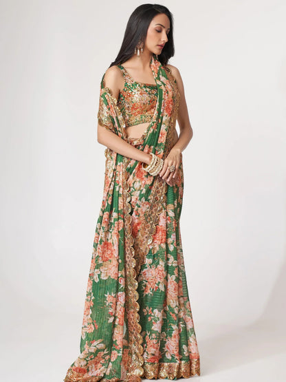 Tulsi Art Mesmerizing Green Floral Printed Organza Festive Wear Saree