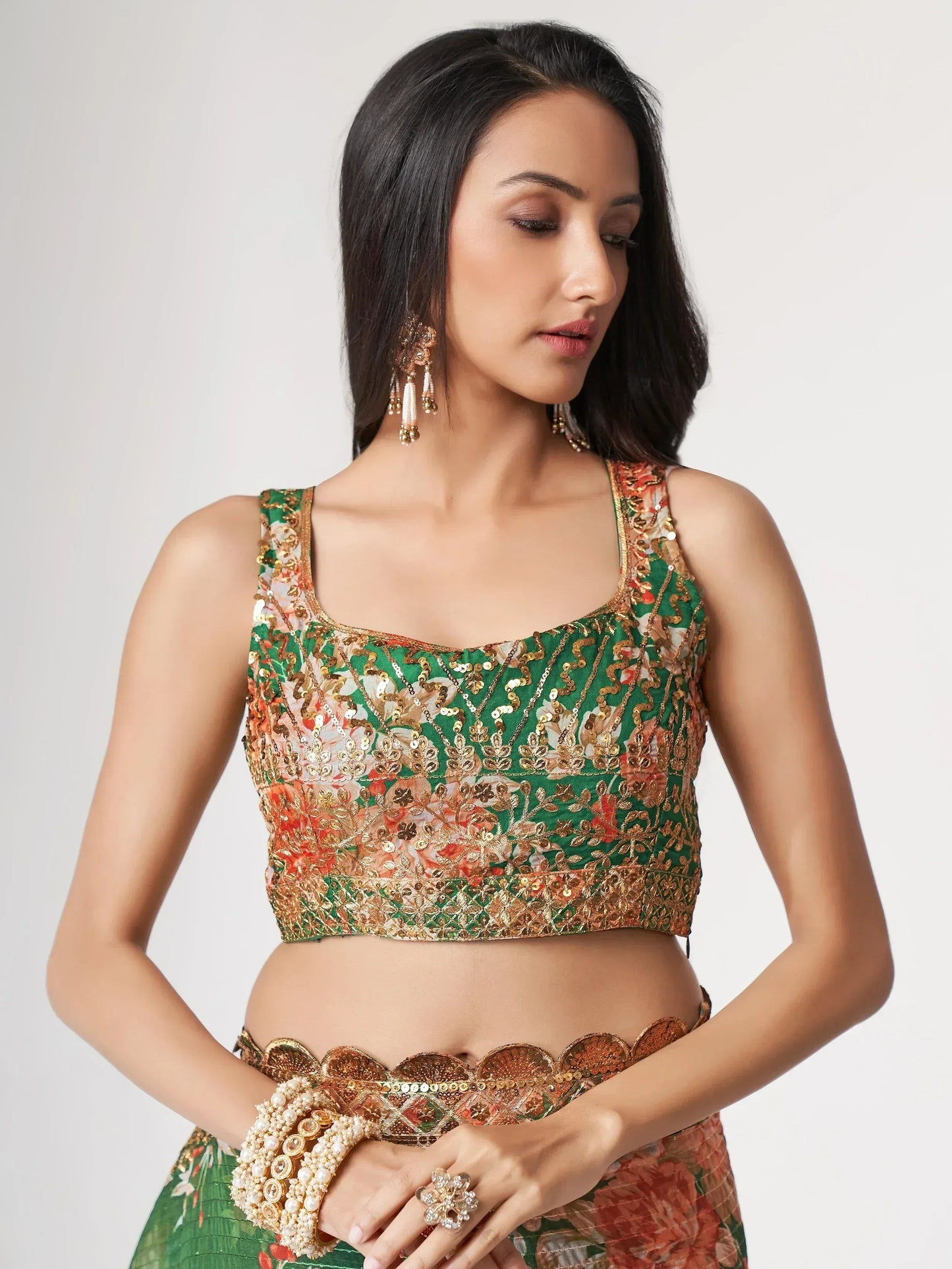 Tulsi Art Mesmerizing Green Floral Printed Organza Festive Wear Saree