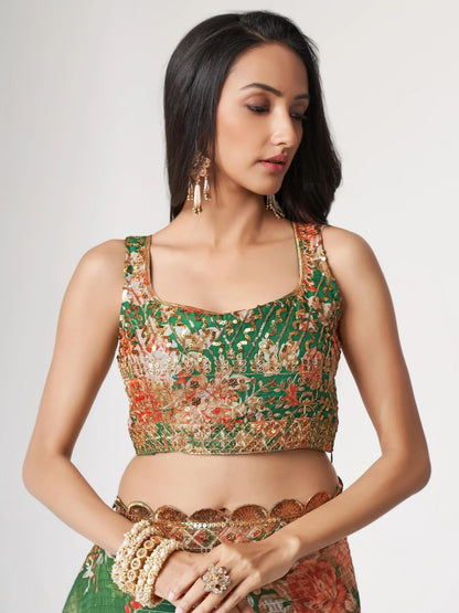 Tulsi Art Mesmerizing Green Floral Printed Organza Festive Wear Saree