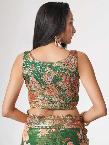 Tulsi Art Mesmerizing Green Floral Printed Organza Festive Wear Saree