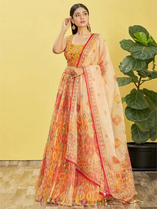 Tulsi Art Bright Yellow Mirror Work Organza Function Wear Lehenga Choli