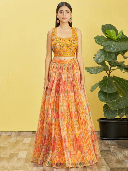 Tulsi Art Bright Yellow Mirror Work Organza Function Wear Lehenga Choli