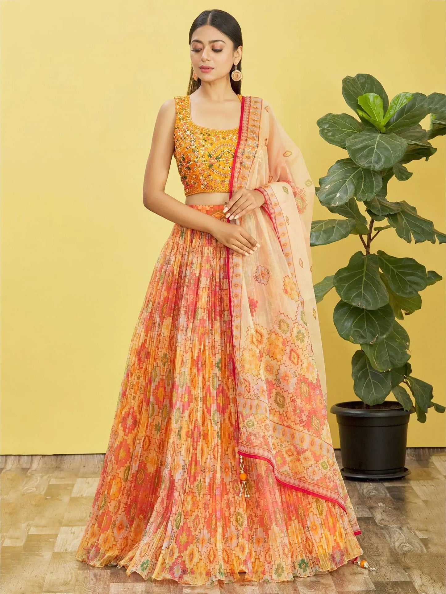 Tulsi Art Bright Yellow Mirror Work Organza Function Wear Lehenga Choli