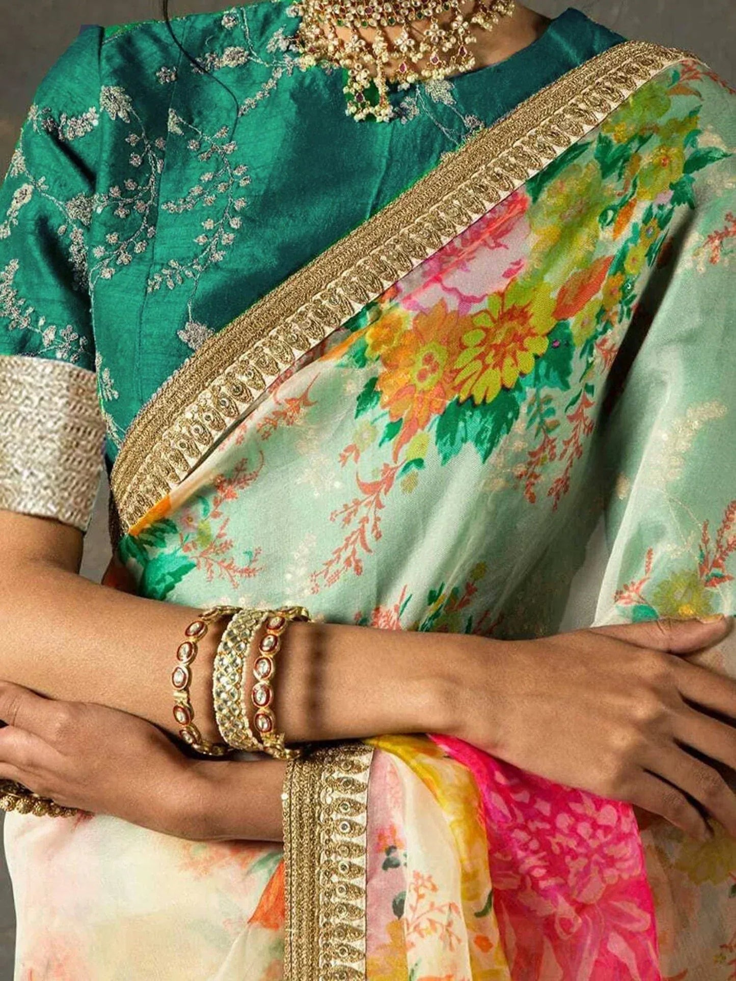 Tulsi Art Sabyasachi Off White Floral Organza Wedding Wear Saree With Blouse