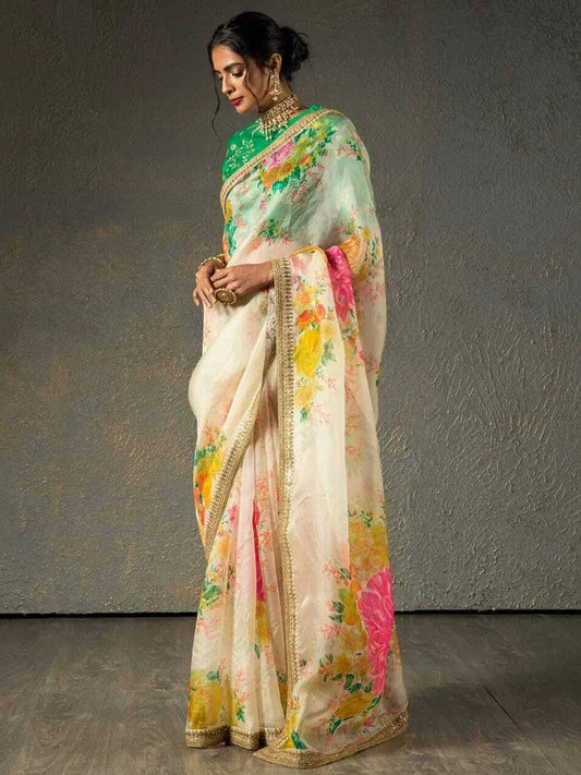 Tulsi Art Sabyasachi Off White Floral Organza Wedding Wear Saree With Blouse