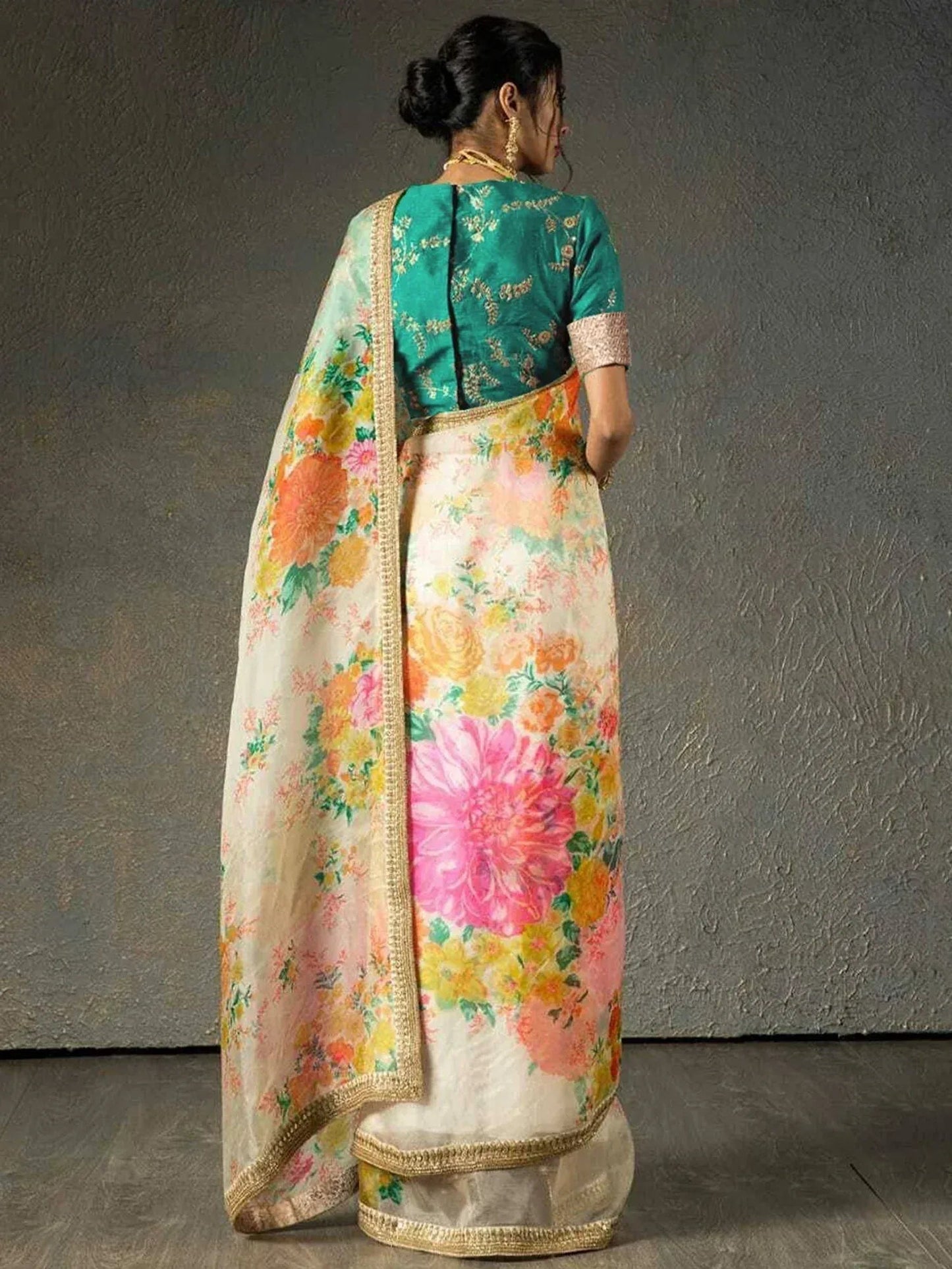 Tulsi Art Sabyasachi Off White Floral Organza Wedding Wear Saree With Blouse