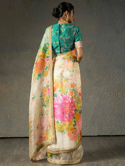 Tulsi Art Sabyasachi Off White Floral Organza Wedding Wear Saree With Blouse