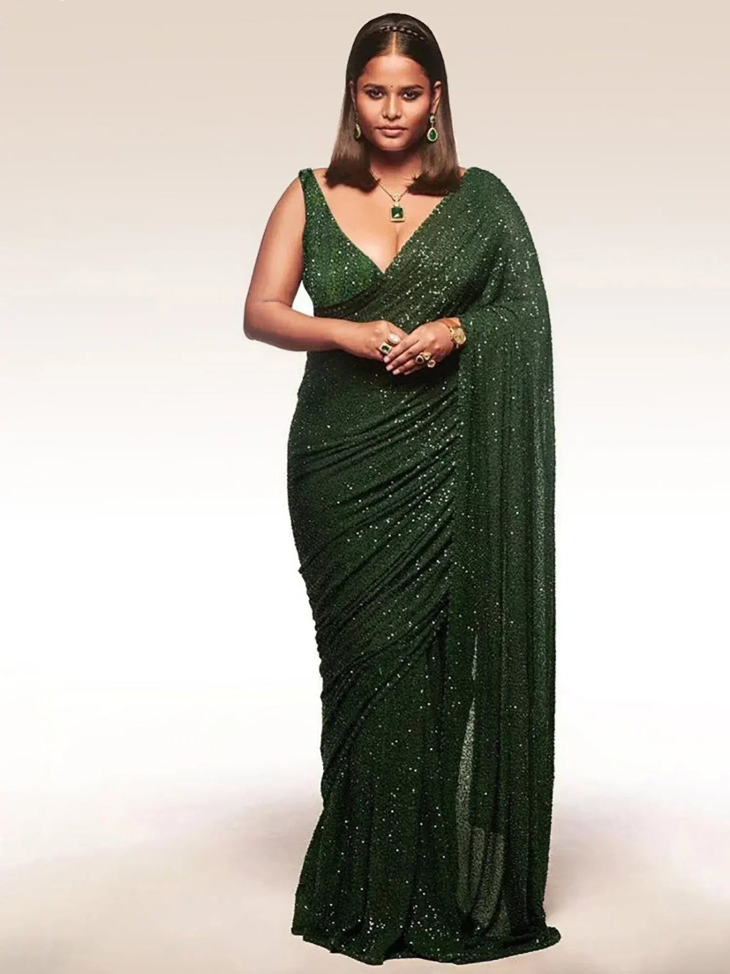 Tulsi Art Sabyasachi Bottle Green Sequins Georgette Party Wear Saree With Blouse