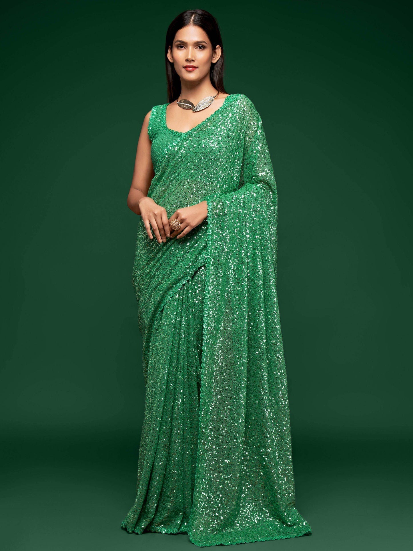 Tulsi Art Sabyasachi Green Sequins Georgette Party Wear Saree With Blouse