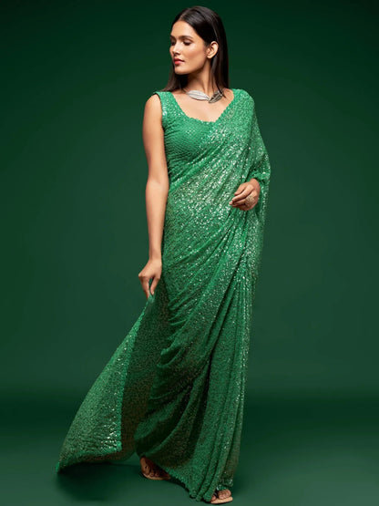 Tulsi Art Sabyasachi Green Sequins Georgette Party Wear Saree With Blouse