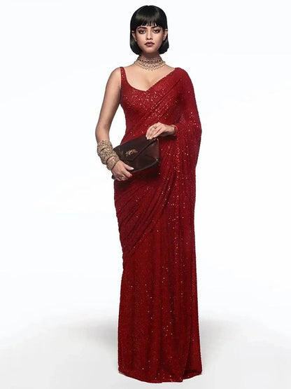 Tulsi Art Sabyasachi Red Sequins Party Wear Saree With Blouse