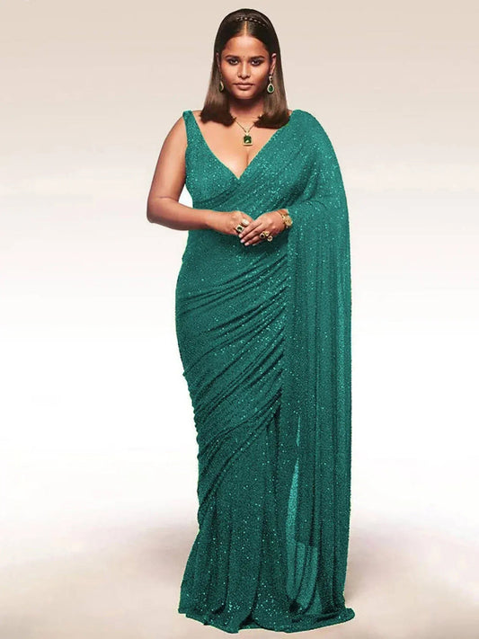 Tulsi Art Sabyasachi Teal Blue Sequins Georgette Party Wear Saree With Blouse