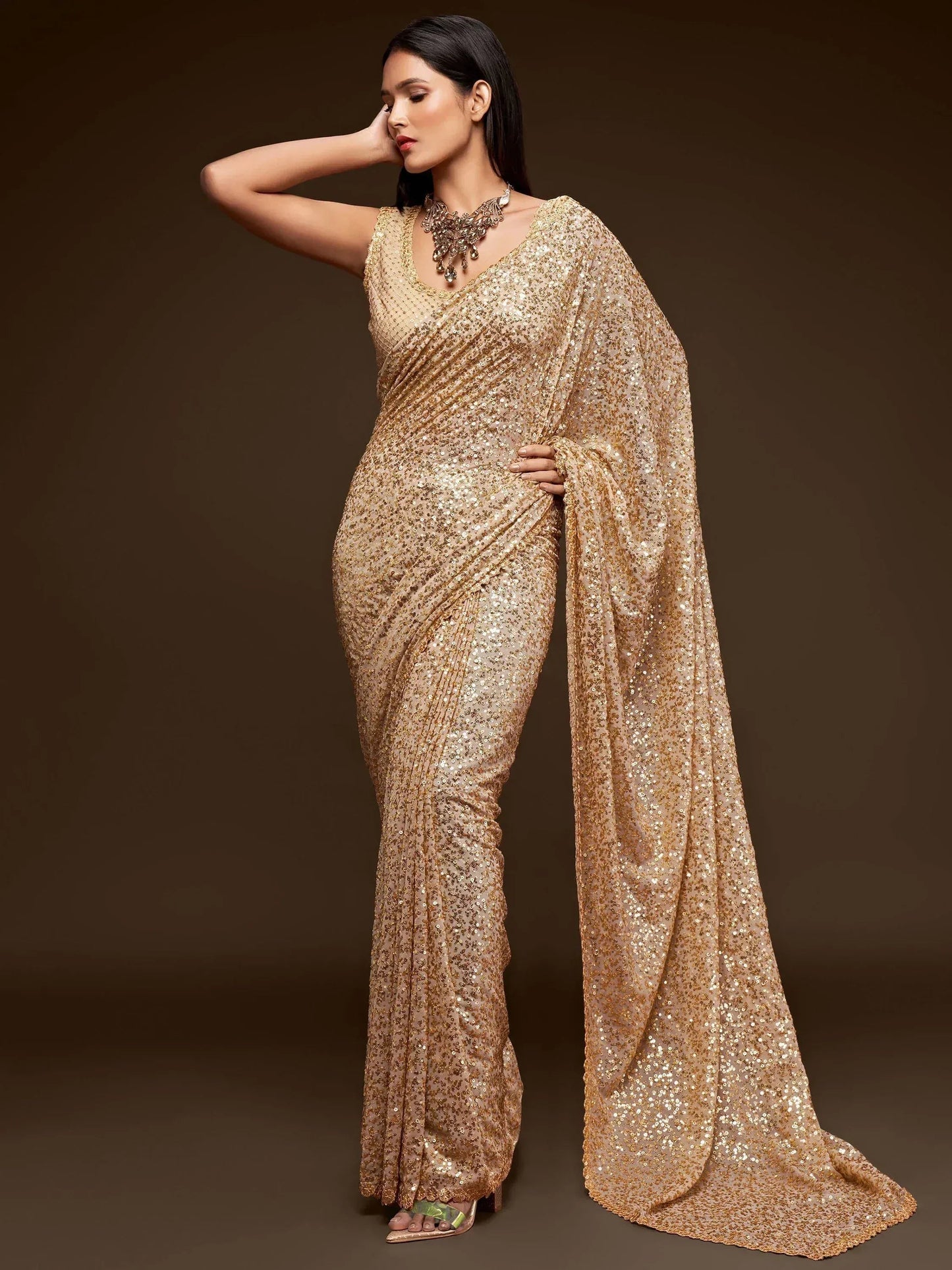 Tulsi Art Sabyasachi Cream Sequins Georgette Party Wear Saree With Blouse