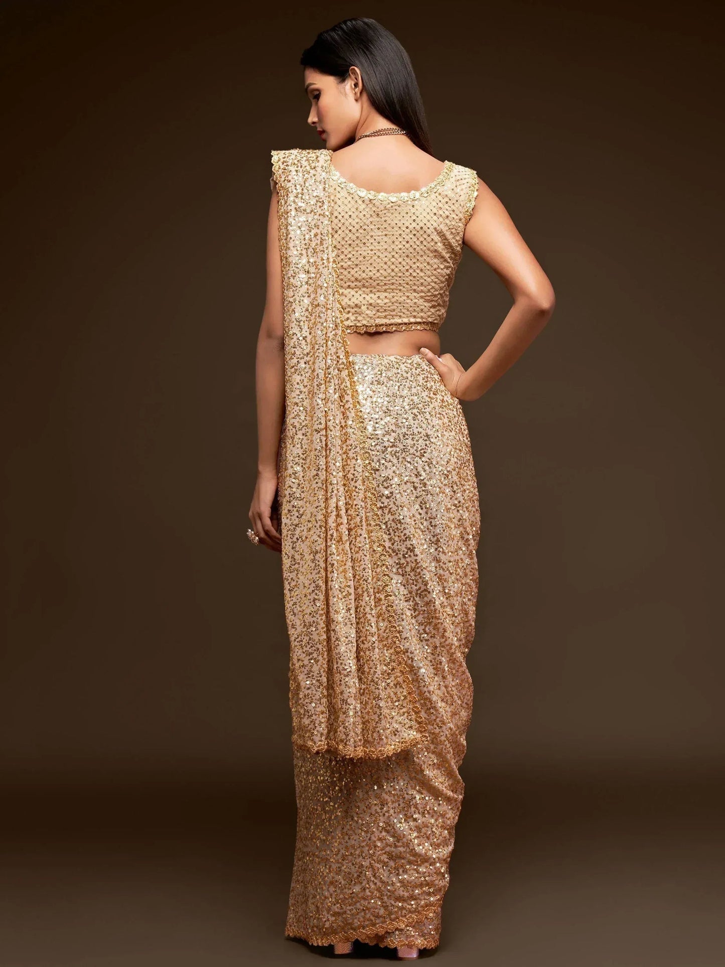Tulsi Art Sabyasachi Cream Sequins Georgette Party Wear Saree With Blouse
