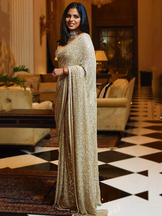 Tulsi Art Sabyasachi Cream Sequins Georgette Party Wear Saree With Blouse