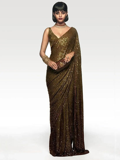 Tulsi Art Sabyasachi Mehendi Green Sequins Party Wear Saree With Blouse