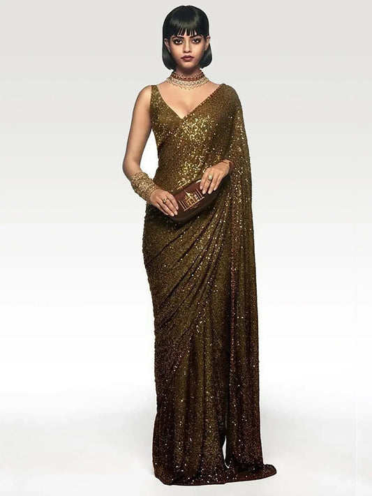 Tulsi Art Sabyasachi Mehendi Green Sequins Party Wear Saree With Blouse