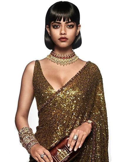 Tulsi Art Sabyasachi Mehendi Green Sequins Party Wear Saree With Blouse