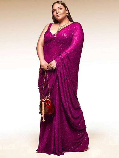 Tulsi Art Sabyasachi Pink Sequins Georgette Party Wear Saree With Blouse