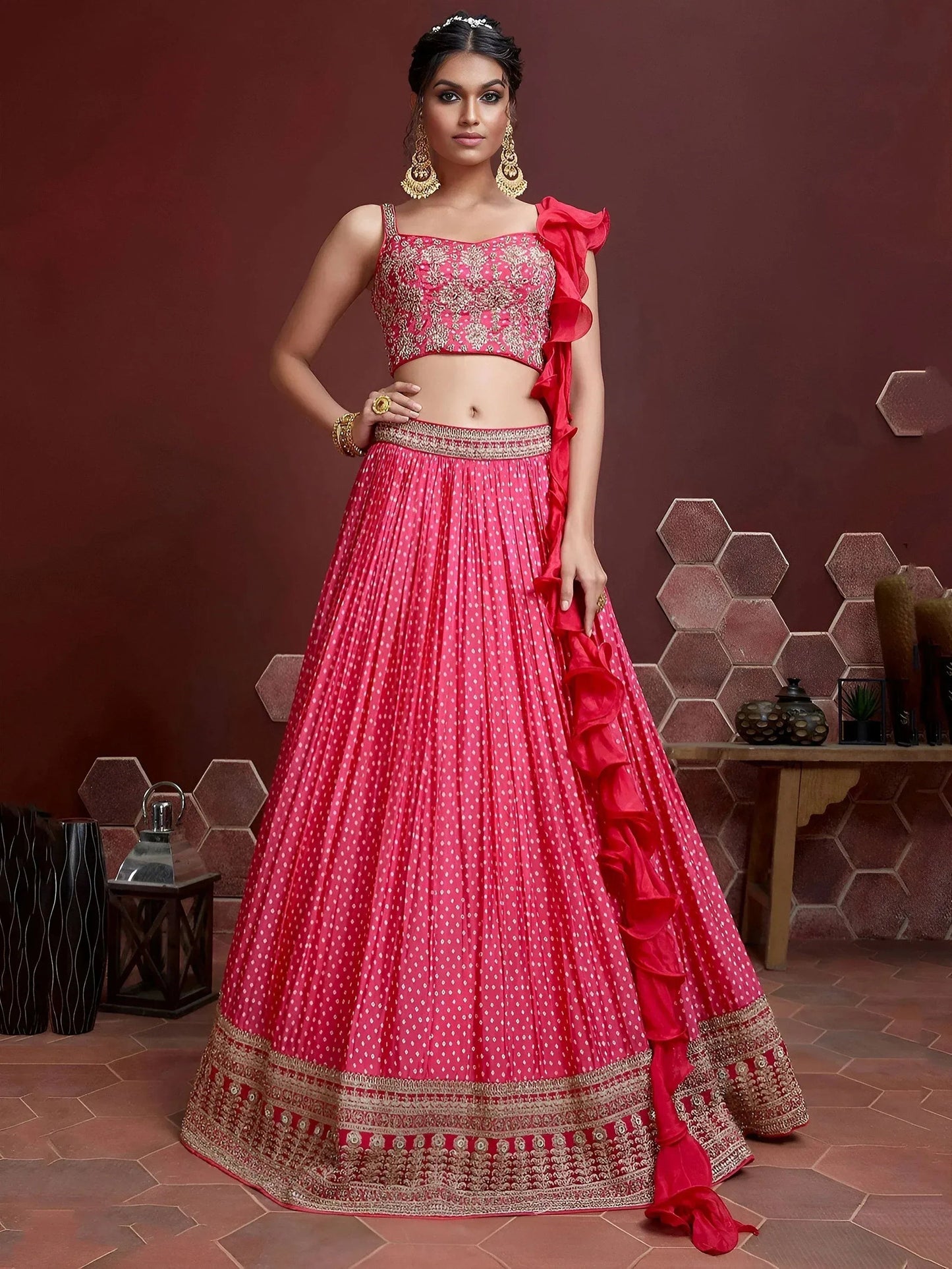 Tulsi Art Pretty Pink Digital Print Embroidery Chinon Silk Party Wear Lehenga Choli