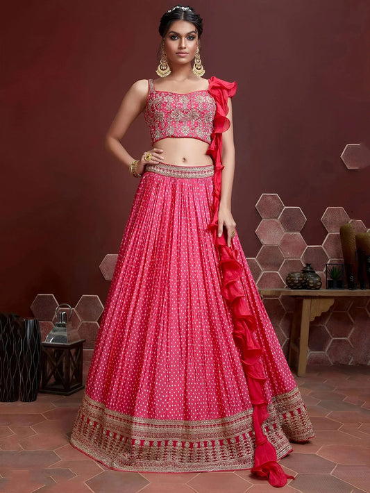 Tulsi Art Pretty Pink Digital Print Embroidery Chinon Silk Party Wear Lehenga Choli