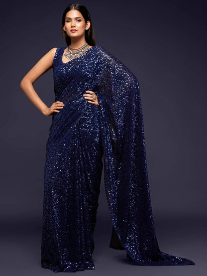 Tulsi Art Sabyasachi Navy Blue Sequins Party Wear Saree With Blouse