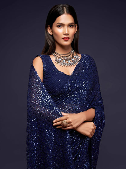 Tulsi Art Sabyasachi Navy Blue Sequins Party Wear Saree With Blouse