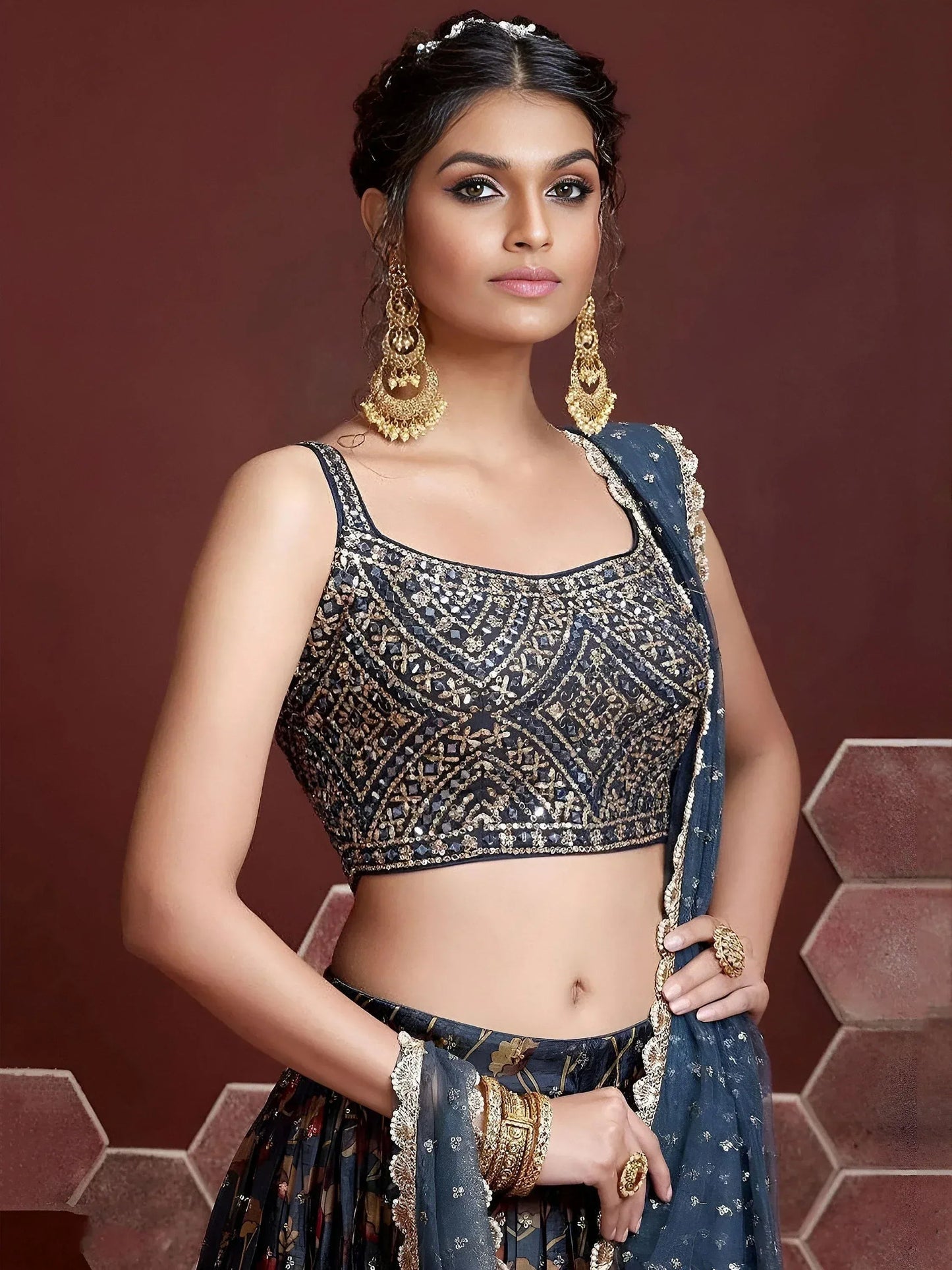 Tulsi Art Wonderful Blue Digital Print Embroidery Chinon Silk Party Wear Lehenga Choli
