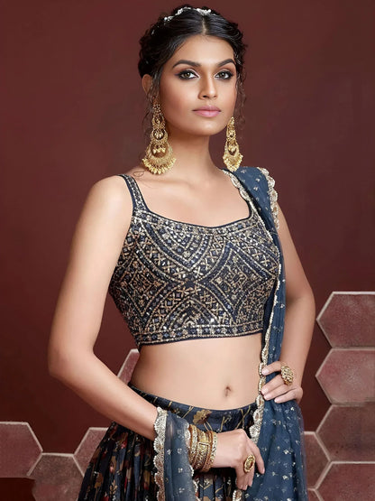 Tulsi Art Wonderful Blue Digital Print Embroidery Chinon Silk Party Wear Lehenga Choli