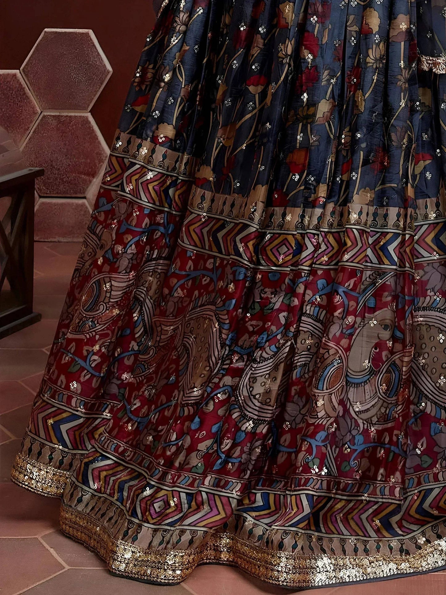 Tulsi Art Wonderful Blue Digital Print Embroidery Chinon Silk Party Wear Lehenga Choli