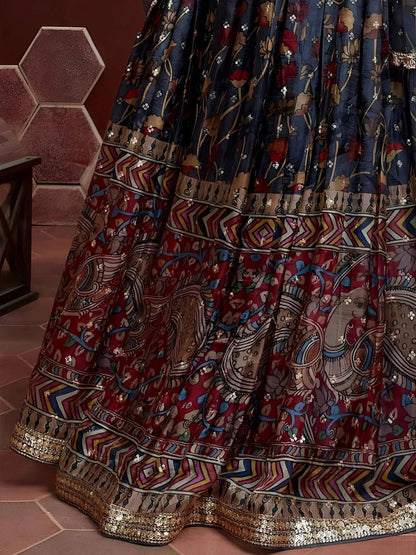 Tulsi Art Wonderful Blue Digital Print Embroidery Chinon Silk Party Wear Lehenga Choli