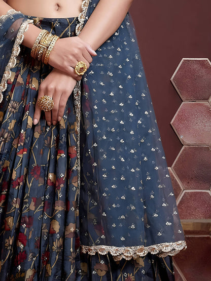 Tulsi Art Wonderful Blue Digital Print Embroidery Chinon Silk Party Wear Lehenga Choli