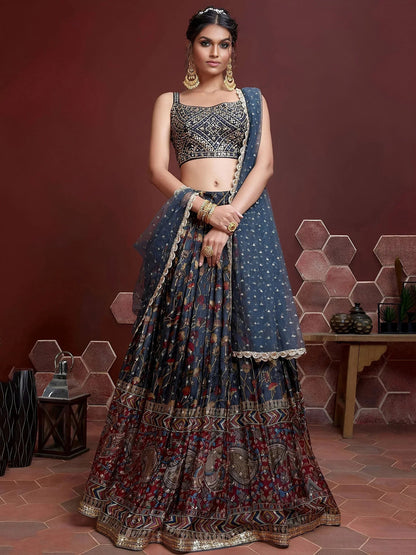 Tulsi Art Wonderful Blue Digital Print Embroidery Chinon Silk Party Wear Lehenga Choli