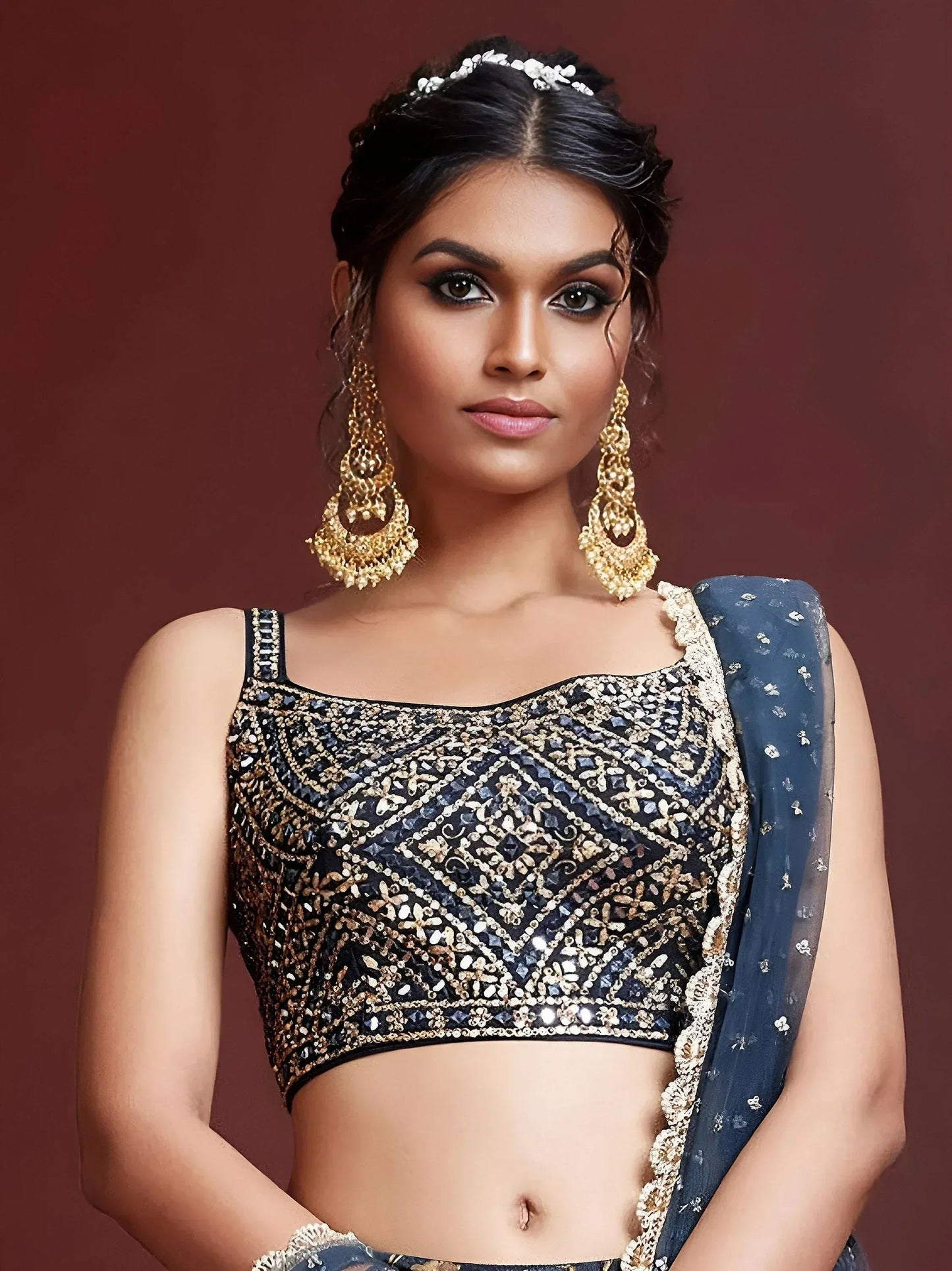 Tulsi Art Wonderful Blue Digital Print Embroidery Chinon Silk Party Wear Lehenga Choli