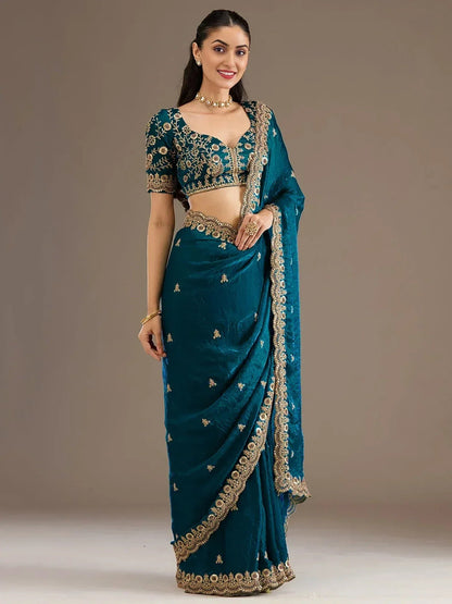 Tulsi Art Elegant Blue Embroidered Tissue Silk Party Wear Saree With Blouse