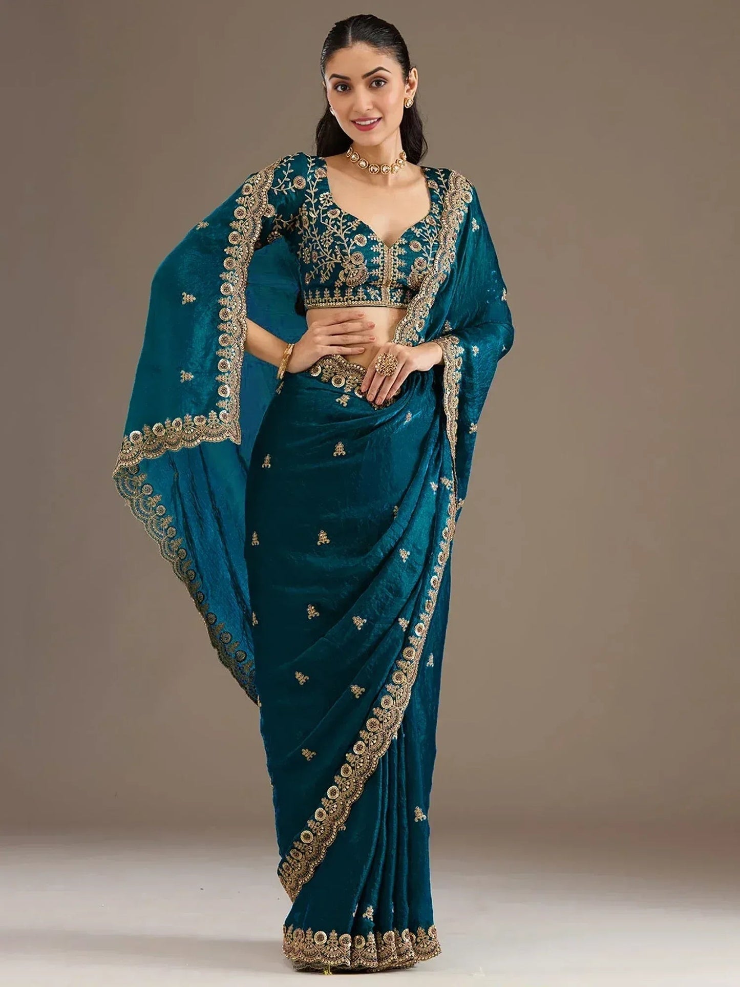 Tulsi Art Elegant Blue Embroidered Tissue Silk Party Wear Saree With Blouse
