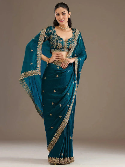 Tulsi Art Elegant Blue Embroidered Tissue Silk Party Wear Saree With Blouse