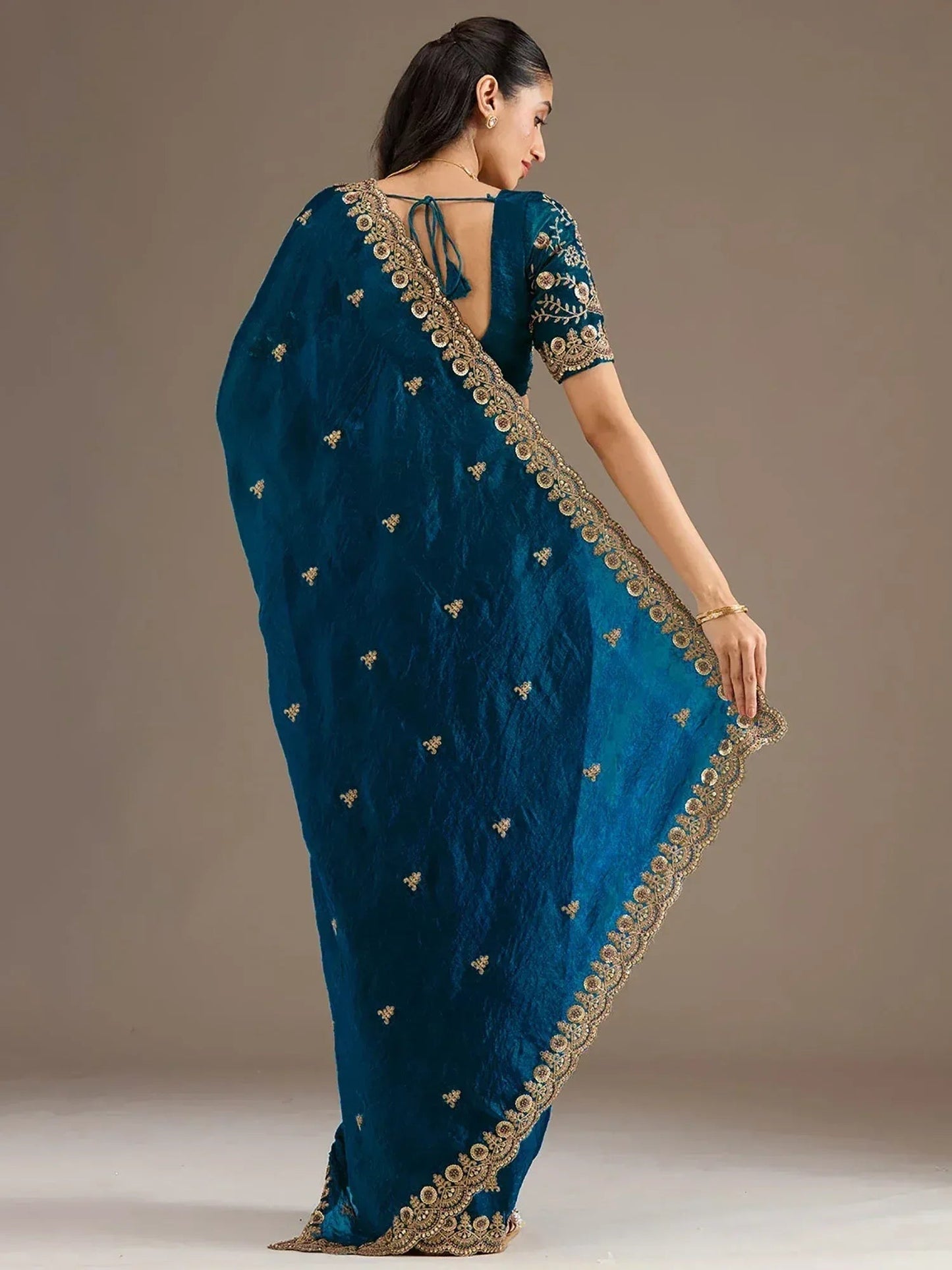 Tulsi Art Elegant Blue Embroidered Tissue Silk Party Wear Saree With Blouse