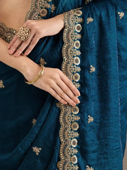 Tulsi Art Elegant Blue Embroidered Tissue Silk Party Wear Saree With Blouse