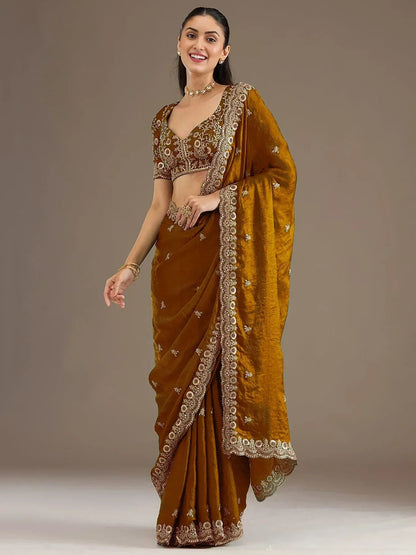 Tulsi Art Classic Golden Zari Embroidered Silk Reception Wear Saree With Blouse