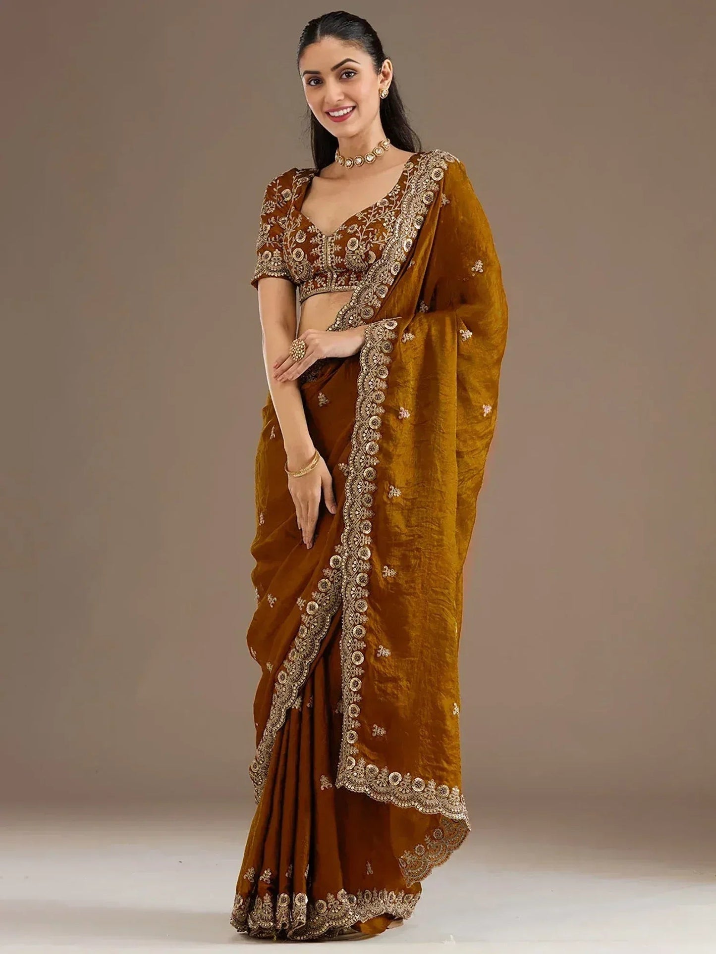 Tulsi Art Classic Golden Zari Embroidered Silk Reception Wear Saree With Blouse