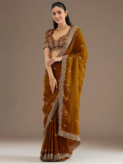 Tulsi Art Classic Golden Zari Embroidered Silk Reception Wear Saree With Blouse