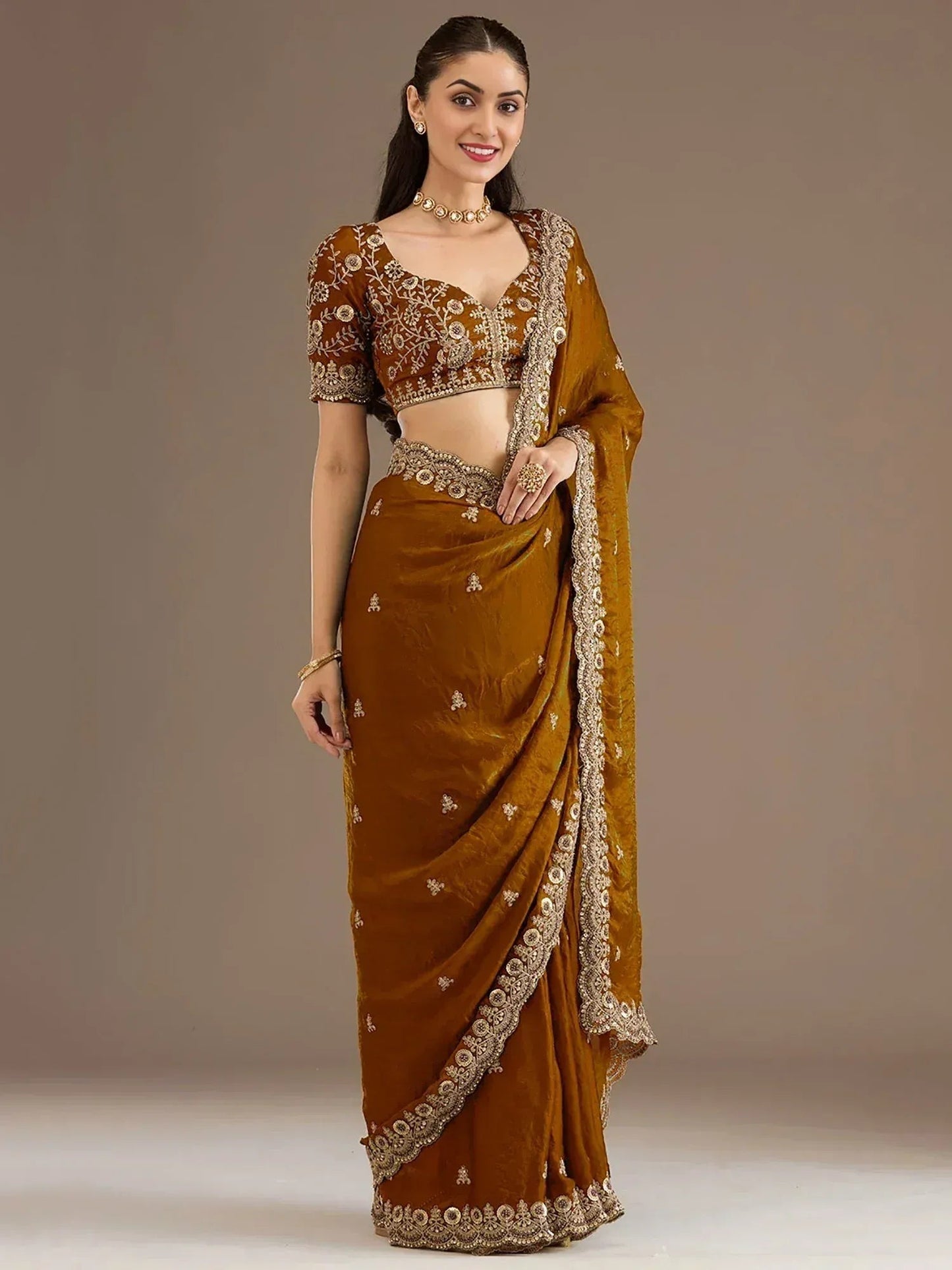 Tulsi Art Classic Golden Zari Embroidered Silk Reception Wear Saree With Blouse