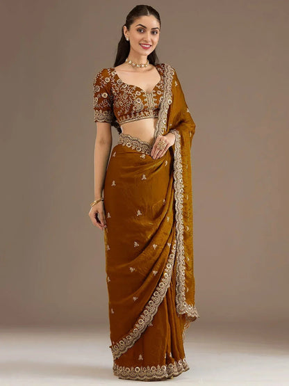 Tulsi Art Classic Golden Zari Embroidered Silk Reception Wear Saree With Blouse