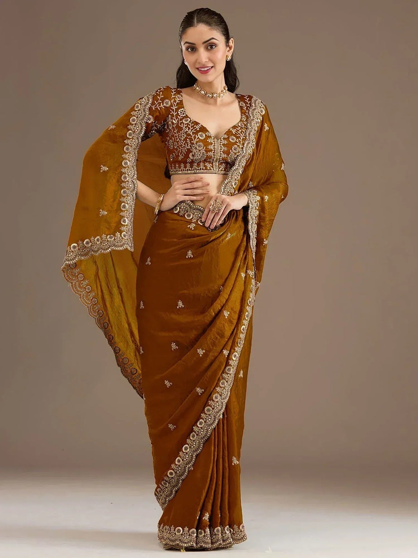 Tulsi Art Classic Golden Zari Embroidered Silk Reception Wear Saree With Blouse